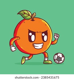 Cute cartoon vector illustration of Orange fruit mascot playing soccer. Orange fruit mascot character. Orange vector.