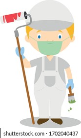 Cute cartoon vector illustration of a painter with surgical mask and latex gloves as protection against a health emergency