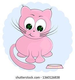 cute cartoon vector illustration. pink cat and milk. cartoon vector illustration. funny cat and a bowl of milk cartoon vector illustration.
