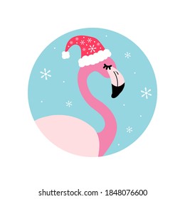 Cute cartoon vector illustration of pink tropical flamingo in santa hat for Christmas, New Year design.
