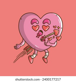 Cute Cartoon Vektorgrafik von Pink Heart Charakter von Cupids Pfeil getroffen. Cute-Love-Symbole - Maskottgrafik