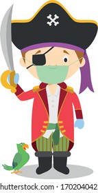 Dibujo vectorial de un pirata con máscara quirúrgica y guantes de látex como protección contra una emergencia sanitaria