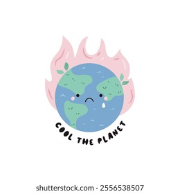 Cute Cartoon Vector Illustration of Planet Earth Suffering from Global Warming. Perfect for Posters, Social Media, and Eco Campaigns. Climate Change Concept Design.