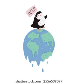 Cute Cartoon Vector Illustration of Planet Earth and Penguin Suffering from Global Warming. Perfect for Posters, Social Media, and Eco Campaigns. Climate Change Concept Design.