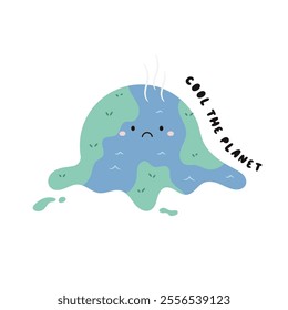 Cute Cartoon Vector Illustration of Planet Earth Suffering from Global Warming. Perfect for Posters, Social Media, and Eco Campaigns. Climate Change Concept Design.