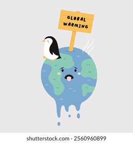 Cute Cartoon Vector Illustration of Planet Earth and Penguin Suffering from Global Warming. Perfect for Posters, Social Media, and Eco Campaigns. Climate Change Concept Design.
