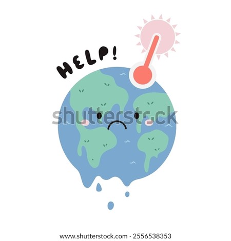 Cute Cartoon Vector Illustration of Planet Earth Suffering from Global Warming. Perfect for Posters, Social Media, and Eco Campaigns