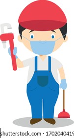 Cute cartoon vector illustration of a plumber with surgical mask and latex gloves as protection against a health emergency