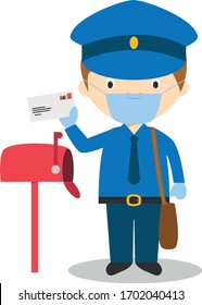 Cute cartoon vector illustration of a postman with surgical mask and latex gloves as protection against a health emergency