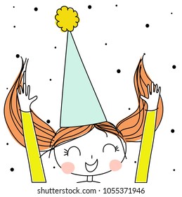 Cute cartoon vector illustration of princess smiling girl with red blowing hair with hands up, happy for surprise on her birthday, on confetti background. Graphic elements for kids. Postcard gift.