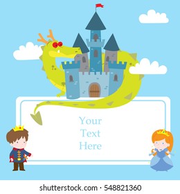 Cute cartoon vector illustration of princess in fairy tale theme with copy space. Prince and princess with dragon in the castle. For kids party invitations or theme events.