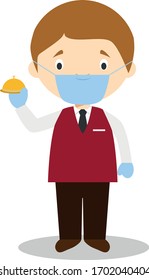 Cute cartoon vector illustration of a receptionist with surgical mask and latex gloves as protection against a health emergency