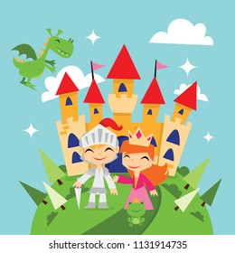 A cute cartoon vector illustration of retro magical fairytale kingdom with knight, princess, dragon and a castle.