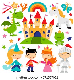 A cute cartoon vector illustration of retro magical fairytale kingdom theme set. 