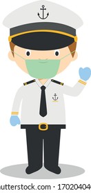 Cute cartoon vector illustration of a sailor with surgical mask and latex gloves as protection against a health emergency