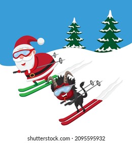 Cute cartoon vector illustration of Santa Claus and Krampus skiing