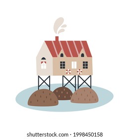 Cute cartoon vector illustration with scandinavian nordic houses, fjords, nature, sea, stones, water