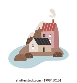 Cute cartoon vector illustration with Scandinavian Nordic houses, fjords, nature, sea, stones, mountains
