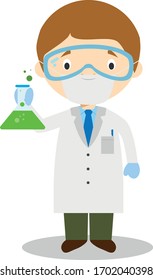 Cute cartoon vector illustration of a scientist with surgical mask and latex gloves as protection against a health emergency