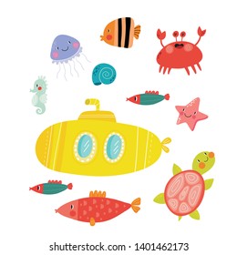 Cute cartoon vector illustration - Sea life. Exploring the underwater world for children. Underwater world. Scientific illustration for children.