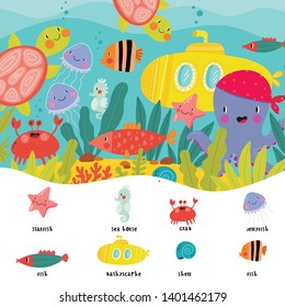 Cute cartoon vector illustration - Sea life. Exploring the underwater world for children. Underwater world. Scientific illustration for children.