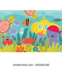 Cute cartoon vector illustration - Sea life. Exploring the underwater world for children. Underwater world. Scientific illustration for children.