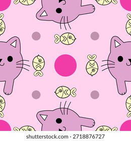 Linda Ilustración vectorial de dibujos animados de un patrón sin fisuras con gatos y peces con puntos rosados para un cumpleaños de bebé o diseño de tarjeta de San Valentín