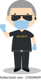 Cute cartoon vector illustration of a security guard with surgical mask and latex gloves as protection against a health emergency