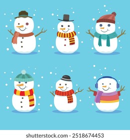 cute cartoon vector illustration of a set of snowmen with hats on a snowy background