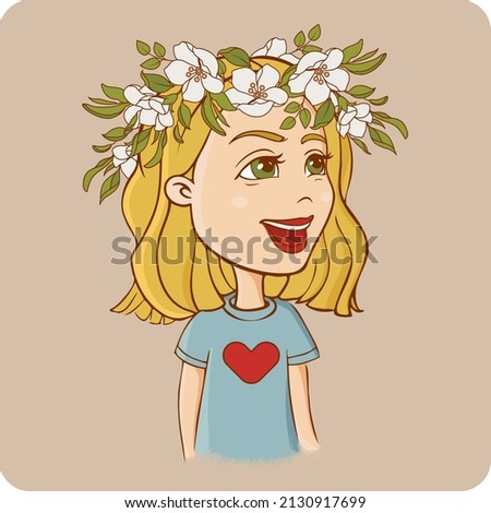 Cute cartoon vector illustration with smiling girl isolated on a colored background.
