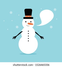 Cute cartoon vector illustration of snowman with speech bubble for winter, christmas design.