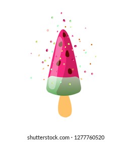 Cute cartoon vector illustration of summer watermelon sundae ice cream with sprinkles, isolated on white background. Summer ice cream sundae dessert, fruit watermelon ice-cream icon