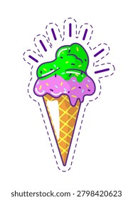 Cute cartoon vector illustration of a sweet waffle cone with purple and green ice cream scoops and colorful sprinkles. Kawaii sticker isolated on white background.