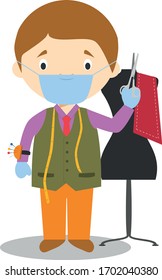 Cute Cartoon Vektorillustration Illustration eines Schneiders mit chirurgischer Maske und Latexhandschuhen als Schutz vor einer gesundheitlichen Notsituation