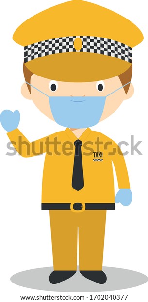 Cute cartoon vector illustration of a taxi\
driver with surgical mask and latex gloves as protection against a\
health emergency