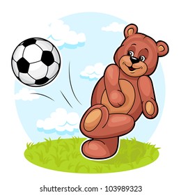 Cute cartoon vector illustration of Teddy Bear is kicking a soccer ball up into the air.