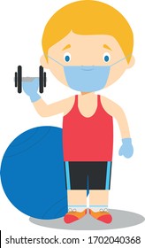 Cute cartoon vector illustration of a trainer with surgical mask and latex gloves as protection against a health emergency