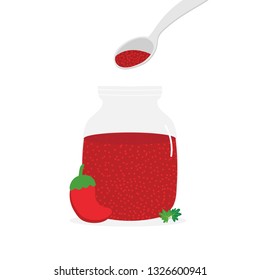 Cute cartoon vector illustration of tunisian hot chili pepper sauce or paste called Harissa in glass jar with spoon.