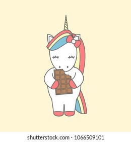 cute cartoon vector illustration with unicorn eating chocolate