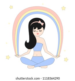 cute cartoon vector illustration with young girl practices yoga in the lotus position with rainbow