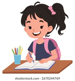 Ilustração vetorial de desenho animado bonito de uma jovem menina com uma mochila rosa sorrindo enquanto escreve em um caderno aberto em sua mesa de escola. Perfeito para educação, sala de aula, estudo e aprendizagem das crianças