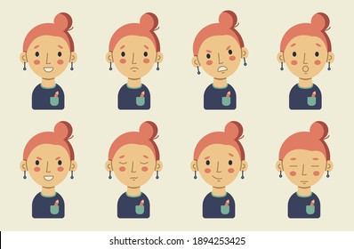 Ilustraciones portadoras de dibujos animados. Vectores avatares con diferentes emociones. Feliz, triste, rabia, sorpresa, llanto, decepcionado.
