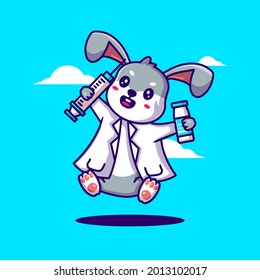 Cute Cartoon Vector Illustrations Bunny Doctor Holding Vaccine Equipment. Medicine and Vaccination Icon Concept