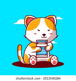 Cute Cartoon Vector Illustrations Cat with Vaccine Bottle. Medicine and Vaccination Icon Concept