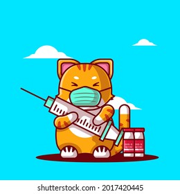 Cute Cartoon Vector Illustrations Cat holding Inject Vaccine and Bottle. Medicine and Vaccination Icon Concept