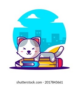 Gato con lápiz y libro de ilustraciones de vectores de dibujos animados. Volver al concepto de icono escolar