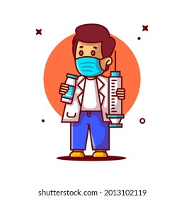 Cute Cartoon Vector Illustrations Doctor Holding Vaccine Equipment. Medicine and Vaccination Icon Concept