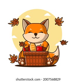 Cute Cartoon Vector Illustrations Fox with Apple Basket in Autumn. Autumn Day Icon Concept