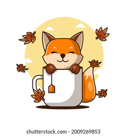 Cute Cartoon Vector Illustrations Fox with Tea in Autumn. Autumn Day Icon Concept