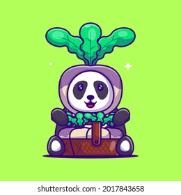 Cute Cartoon Vector Illustrations Panda with Turnip Costume. World Vegetarian Day Concept